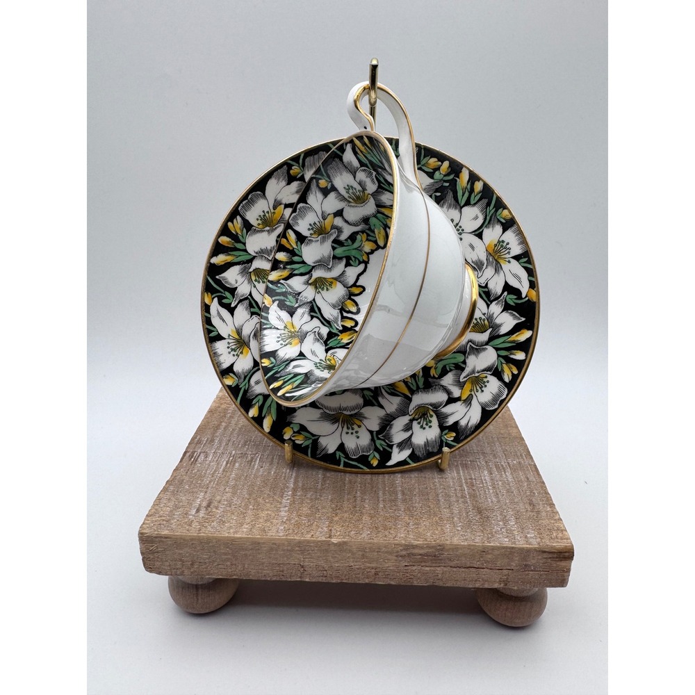 Rosina Bone China Tea Cup and Saucer Set Black White Floral Gold Gilt England